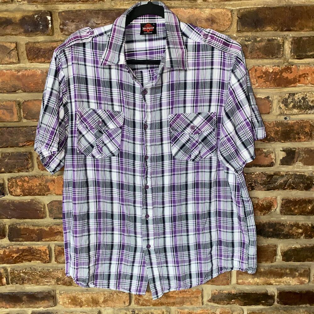 Blac Lacquer Purple Plaid Short Sleeve Button Down Shirt Men's Size Large